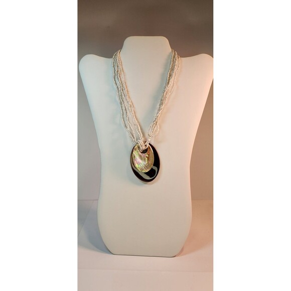 Jewelry - Vintage 80s Boho Tiered Shell Statement Necklace Multiple White Seed Bead Strand